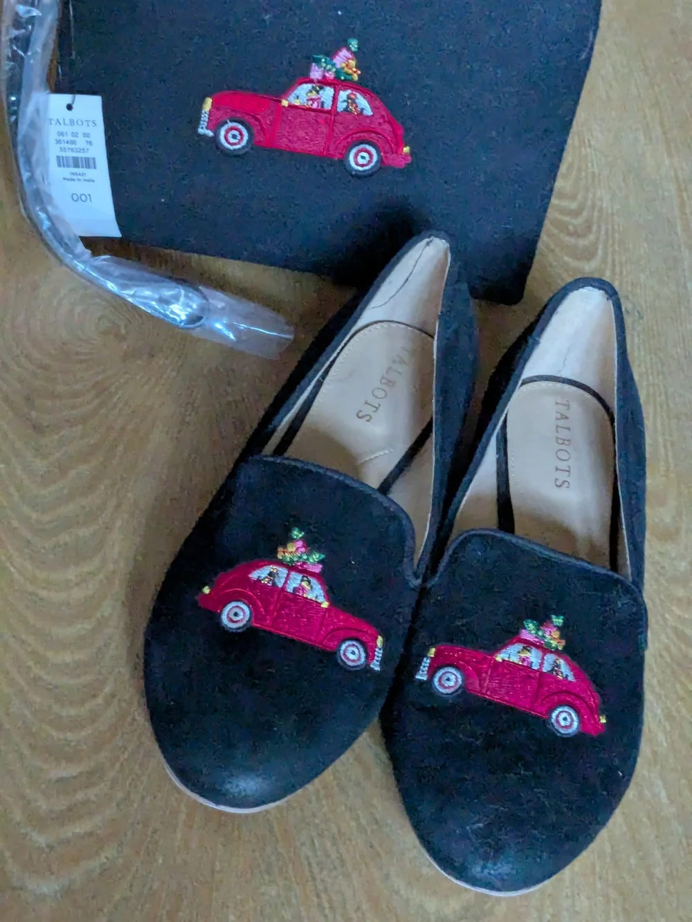 Talbots Black Suede Loafers And Clutch with Festive Holliday Red Car Embroidery